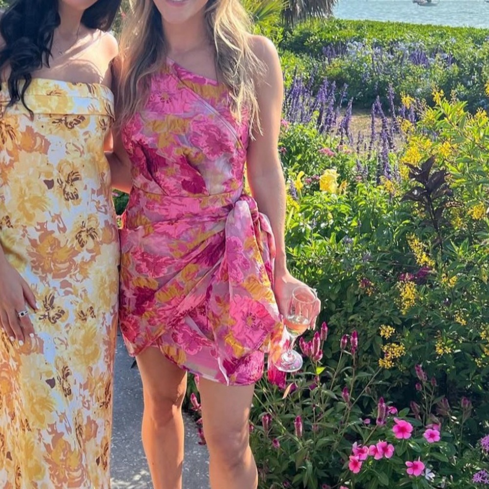 Floral One-Shoulder Pink Dress with Side Tie